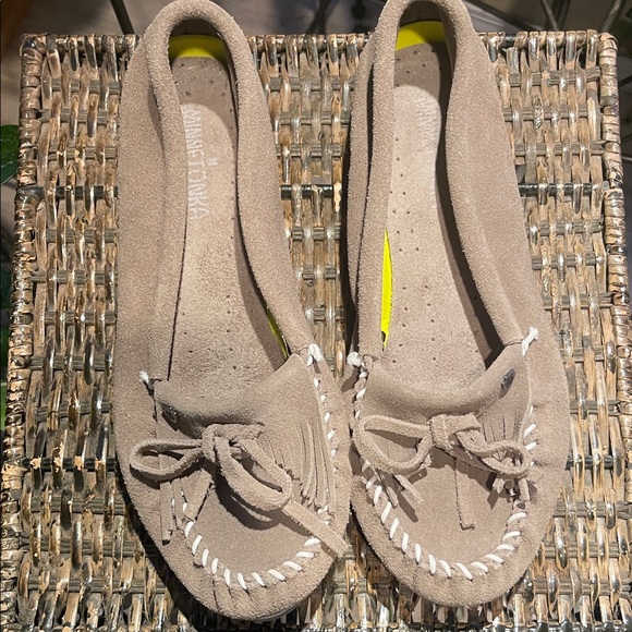 Minnetonka Shoes - Minnetonka Taupe Suede Moccasins‎ with White Stitching